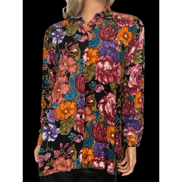Vtg 80s Destination Other M L Shirt Oversize Floral Colorful Sequins Beaded - Picture 4 of 16